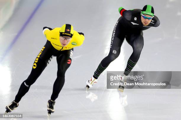 Patrick Roest and Jorrit Bergsma compete in the Mens 10000m race during the Daikin NK or Netherlands Championship Distance Finals at Thialf Ice Arena...