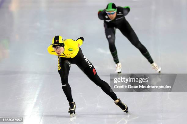 Patrick Roest and Jorrit Bergsma compete in the Mens 10000m race during the Daikin NK or Netherlands Championship Distance Finals at Thialf Ice Arena...