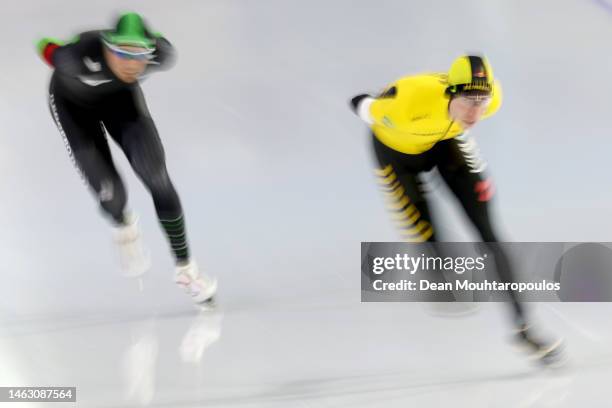 Patrick Roest and Jorrit Bergsma compete in the Mens 10000m race during the Daikin NK or Netherlands Championship Distance Finals at Thialf Ice Arena...