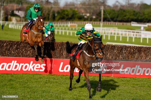 Danny Mullins riding Gentleman De Mee clear the last to win The Ladbrokes Dublin Chase at Leopardstown Racecourse on February 05, 2023 in Dublin,...