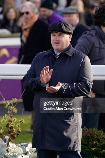 Gordon Elliott applauds Mighty Potter at Leopardstown Racecourse on February 05, 2023 in Dublin, Ireland.