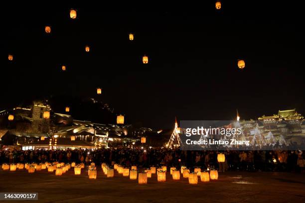 Drone display perform to celebrate the Lantern Festival at a tourist attractions on February 05, 2023 in Beijing, China. On the 15th day of the first...