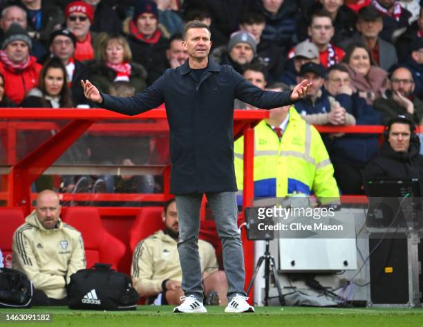 Jesse Marsch, Manager of Leeds United, reacts during the Premier League match between Nottingham Forest and Leeds United at City Ground on February...
