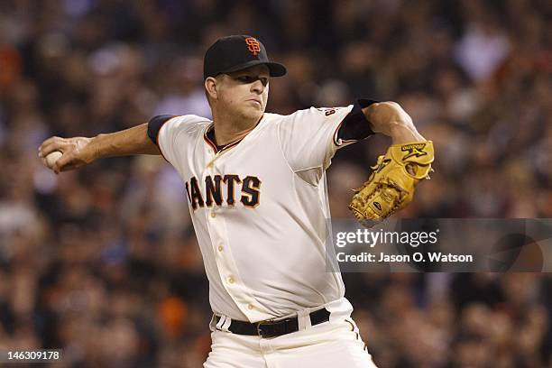 Matt Cain of the San Francisco Giants pitches against the Houston Astros during the ninth inning at AT&T Park on June 13, 2012 in San Francisco,...