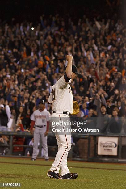 Matt Cain of the San Francisco Giants celebrates after pitching a perfect game against the Houston Astros at AT&T Park on June 13, 2012 in San...