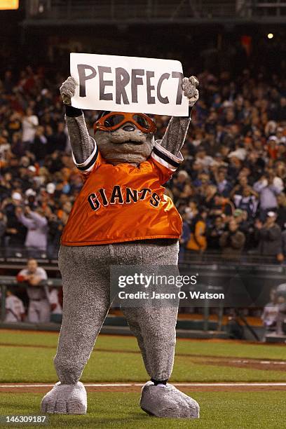 The San Francisco Giants mascot Lou Seal celebrates after Matt Cain pitches a perfect game against the Houston Astros at AT&T Park on June 13, 2012...