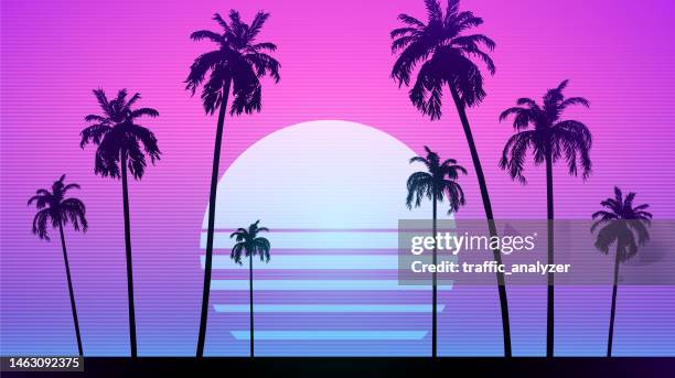 synthwave retro background - palm trees - moon beach stock illustrations