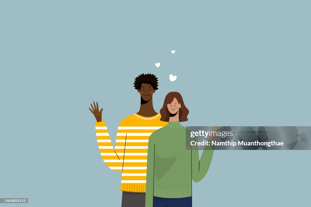 BAME illustration concept shows a lovely couple who has different ethnicities and skin tones waving their hands and smiling to the camera that showing various ethnicities.