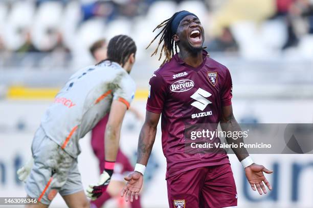 Yann Karamoh of Torino FC reacts during the Serie A match between Torino FC and Udinese Calcio at Stadio Olimpico di Torino on February 05, 2023 in...