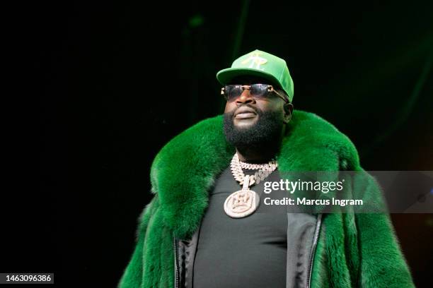 Rapper Rick Ross performs on stage during the Legendz of the Streetz Tour Reloaded at Toyota Center on February 04, 2023 in Houston, Texas.