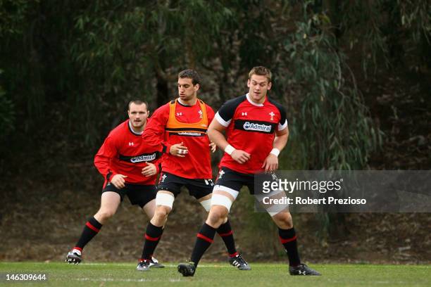 Ken Owens, Sam Warburton and Dan Lydiate warm up during a Wales rugby training session at Scotch College on June 14, 2012 in Melbourne, Australia.