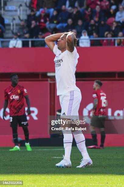 Mariano Diaz of Real Madrid CF reacts during the LaLiga Santander match between RCD Mallorca and Real Madrid CF at Visit Mallorca Estadi on February...