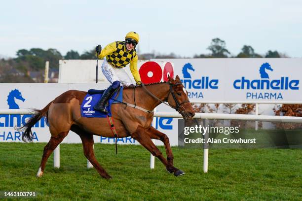 Paul Townend riding State Man win The Chanelle Pharma Irish Champion Hurdle at Leopardstown Racecourse on February 05, 2023 in Dublin, Ireland.