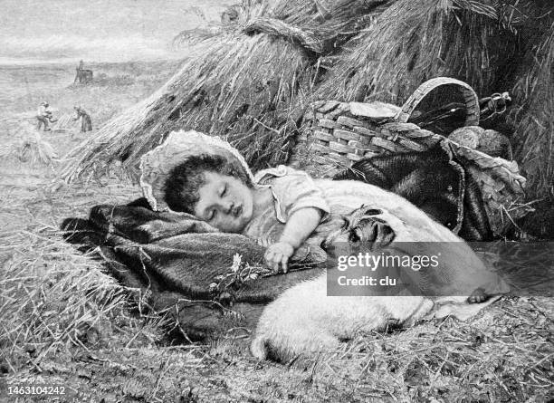 illustrations, cliparts, dessins animés et icônes de le chien garde une petite fille endormie pendant que les parents travaillent dans le champ pendant la récolte - linge de lit