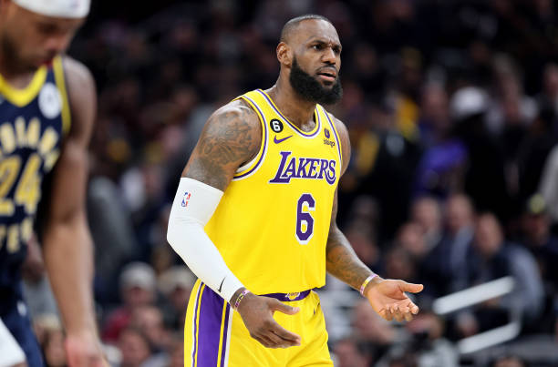 LeBron James of the Los Angeles Lakers against the Indiana Pacers at Gainbridge Fieldhouse on February 02, 2023 in Indianapolis, Indiana. NOTE TO...