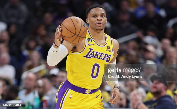 Russell Westbrook of the Los Angeles Lakers during the game against the Indiana Pacers at Gainbridge Fieldhouse on February 02, 2023 in Indianapolis,...