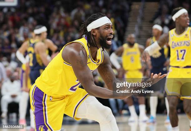 Patrick Beverley the Los Angeles Lakers reacts after being called for a foul in the second half against the Indiana Pacers at Gainbridge Fieldhouse...