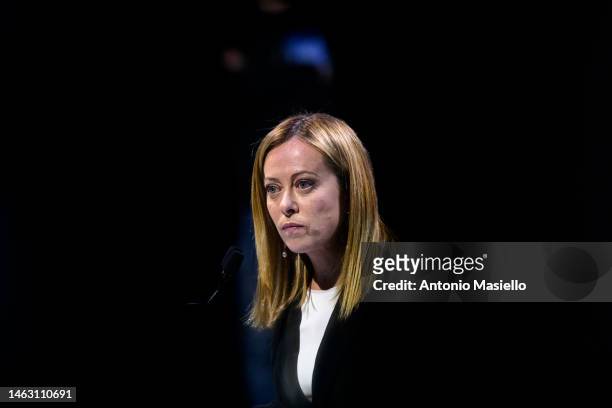 Italian Prime Minister Giorgia Meloni delivers her speech during a political meeting as part of the right-wing electoral campaign for the regional...
