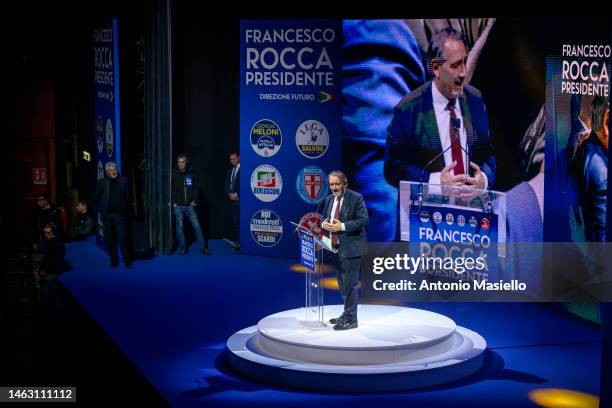 Former national president of the Italian Red Cross and candidate for the presidency of the Lazio region Francesco Rocca delivers his speech during a...