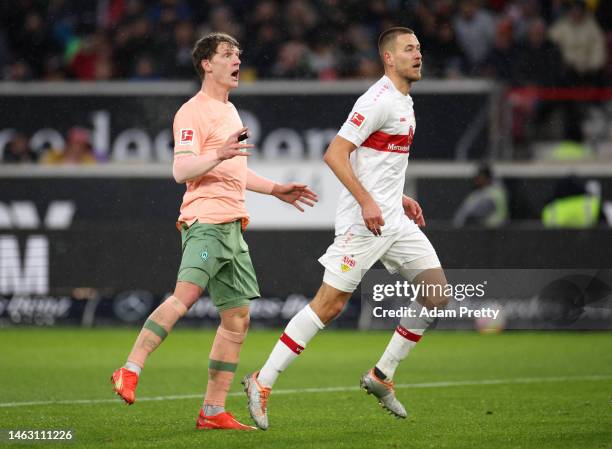 Jens Stage of SV Werder Bremen reacts after scoring the teams first goal during the Bundesliga match between VfB Stuttgart and SV Werder Bremen at...