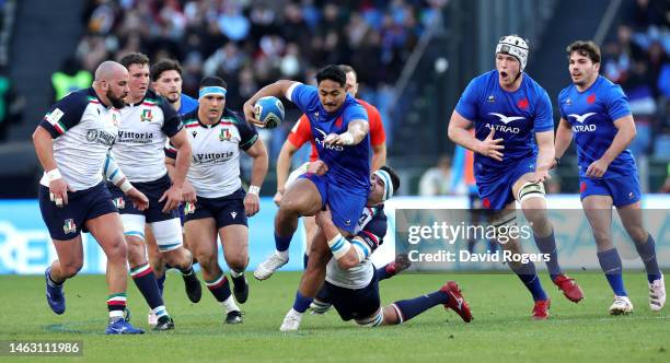 Yoram Moefana of France breaks with the ball during the Six Nations Rugby match between Italy and France at Stadio Olimpico on February 05, 2023 in...