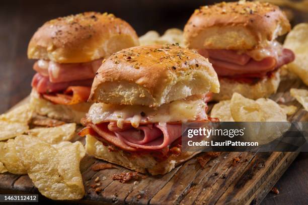 pizza sliders on hawaiian buns - ham salami stock pictures, royalty-free photos & images