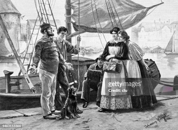 sailor idyll, two men in the harbor flirting with two pretty women, in the background a man plays with a harmonica - harmonica stock illustrations