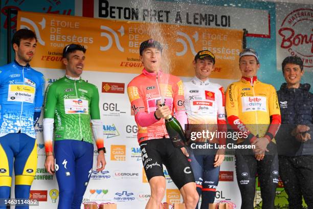 Vito Braet of Belgium and Team Flanders – Baloise Blue Mountain Jersey, Pierre Latour of France and Team TotalEnergies green jersey, Neilson Powless...