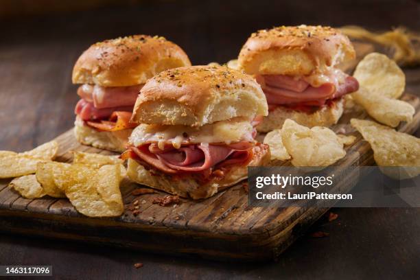 pizza sliders on hawaiian buns - ham salami stockfoto's en -beelden