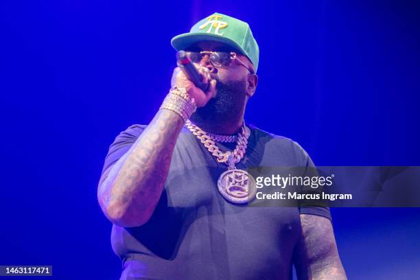 Rapper Rick Ross performs on stage during the Legendz of the Streetz Tour Reloaded at Toyota Center on February 04, 2023 in Houston, Texas.