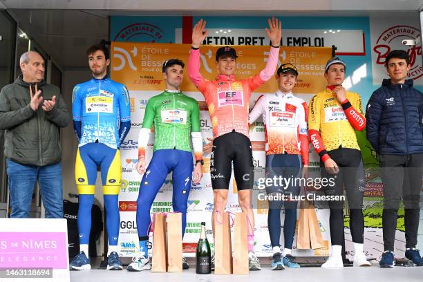 Vito Braet of Belgium and Team Flanders – Baloise Blue Mountain Jersey, Pierre Latour of France and Team TotalEnergies green jersey, Neilson Powless...