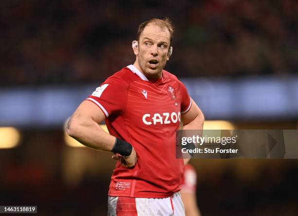 Wales player Alun Wyn Jones looks on during the Six Nations Rugby match between Wales and Ireland at Principality Stadium on February 04, 2023 in...