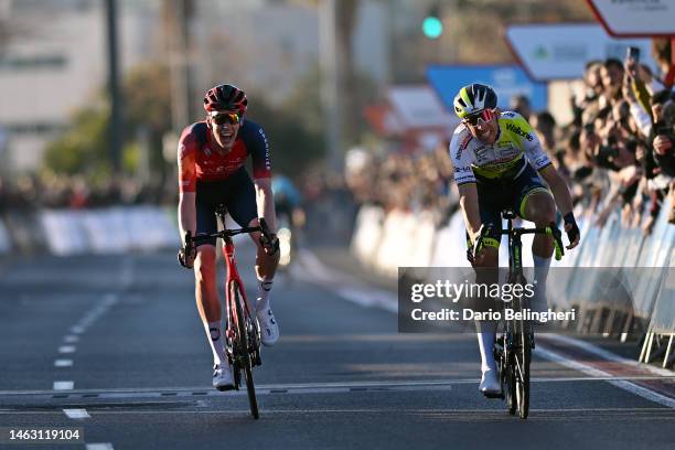 Rui Costa of Portugal and Team Intermarche’ – Circus – Wanty celebrates at finish line as race winner ahead of Thymen Arensman of The Netherlands and...