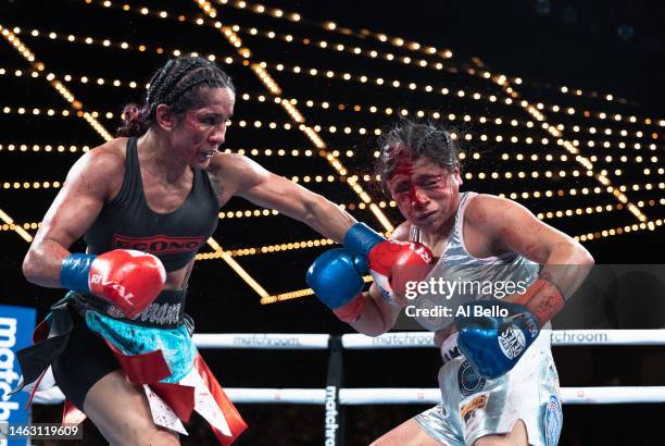 Amanda Serrano punches Erika Cruz during their fight for Serrano, WBC, WBO and IBF featherweight titles and Cruz's WBA featherweight title at The...