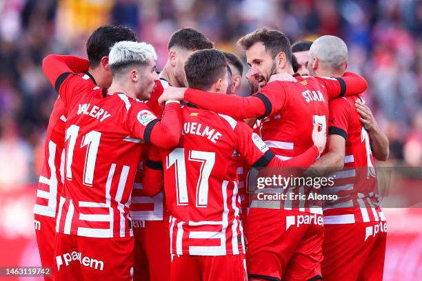 Borja of Girona FC celebrates with teammates after scoring the team's first goal during the LaLiga Santander match between Girona FC and Valencia CF...