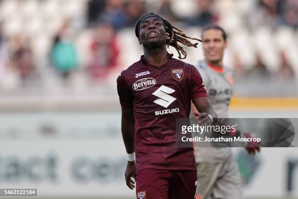 Yann Karamoh of Torino FC reacts after missing a chance to sore during the Serie A match between Torino FC and Udinese Calcio at Stadio Olimpico di...