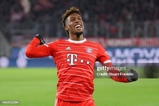 Kingsley Coman of Bayern Munich scores the team's second goal during the Bundesliga match between VfL Wolfsburg and FC Bayern München at Volkswagen...