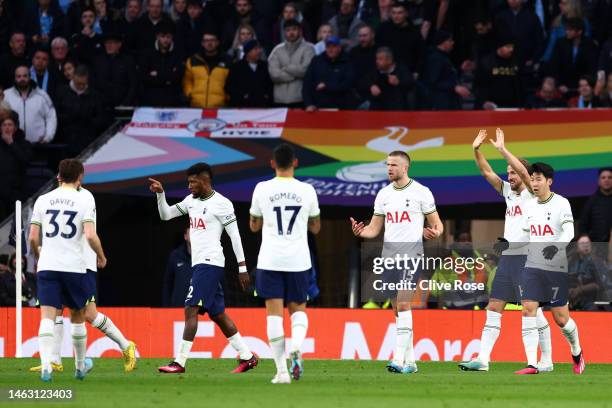 Harry Kane of Tottenham Hotspur celebrates after scoring the team's first goal. Kane scored his 267th goal and overtakes the late Jimmy Greaves to...