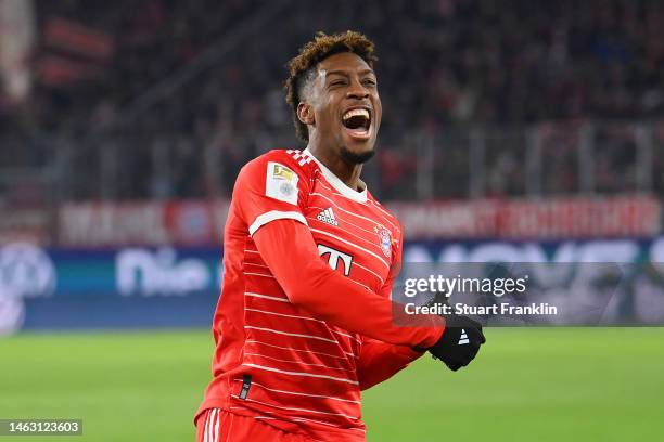 Kingsley Coman of Bayern Munich celebrates after scoring the team's second goal during the Bundesliga match between VfL Wolfsburg and FC Bayern...
