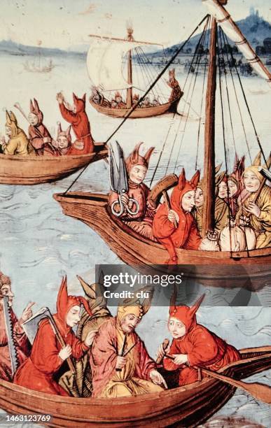 fool ships on the way with hatchets, saws and big scissors - a fool stock illustrations