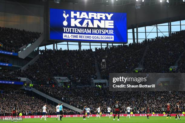 The LED board shows a message of congratulations to Harry Kane of Tottenham Hotspur after their sides first goal. Kane scored his 267th goal and...