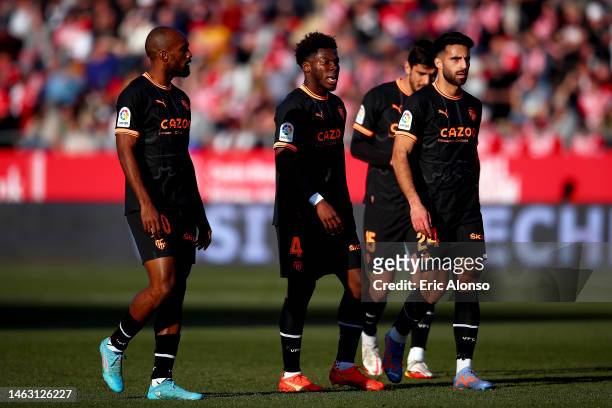 Yunus Musah of Valencia CF looks on during the LaLiga Santander match between Girona FC and Valencia CF at Montilivi Stadium on February 05, 2023 in...
