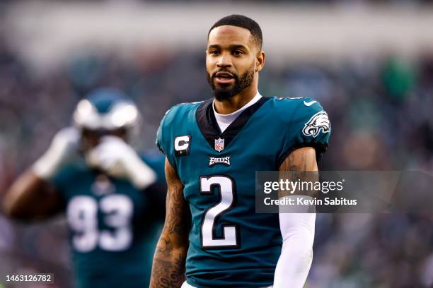 Darius Slay of the Philadelphia Eagles walks to the locker room at halftime of the NFC Championship NFL football game against the San Francisco 49ers...