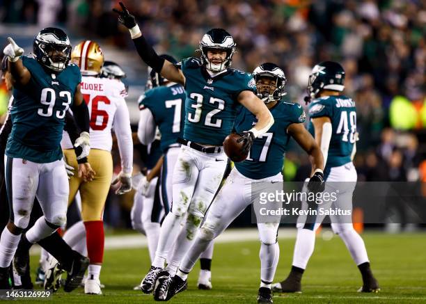 Reed Blankenship of the Philadelphia Eagles celebrates after recovering a fumble during the NFC Championship NFL football game against the San...