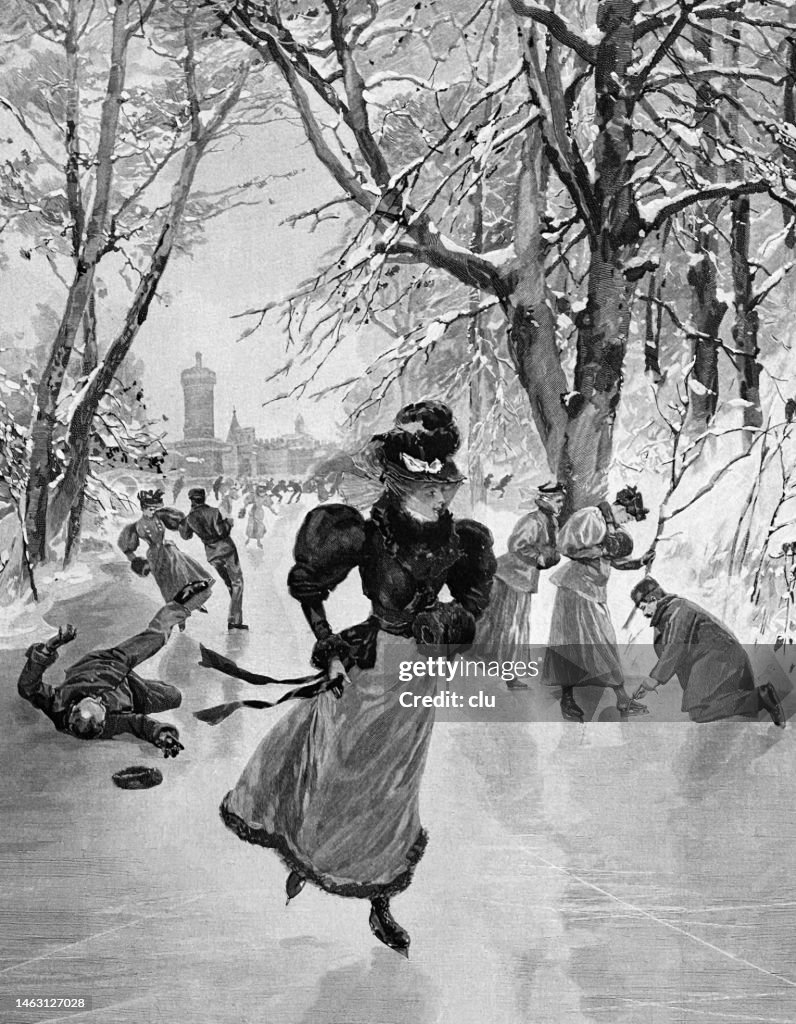 Elegant woman skating on the Laxenburg pond near Vienna