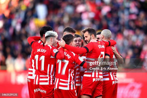 Borja Garcia of Girona FC celebrates after scoring their first side goal during the LaLiga Santander match between Girona FC and Valencia CF at...