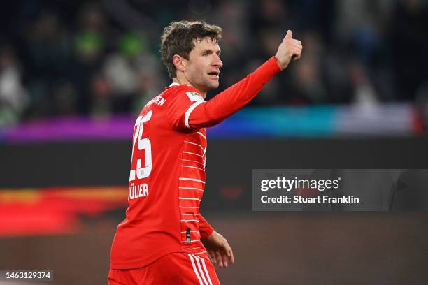 Thomas Mueller of Bayern Munich reacts during the Bundesliga match between VfL Wolfsburg and FC Bayern München at Volkswagen Arena on February 05,...