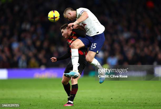 Eric Dier of Tottenham Hotspur jumps for the ball with Julian Alvarez of Manchester City during the Premier League match between Tottenham Hotspur...