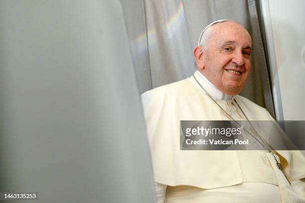 Pope Francis meets journalists on February 05, 2023 on the papal flight return from Juba, South Sudan to Rome, Italy. Pope Francis departed from Juba...