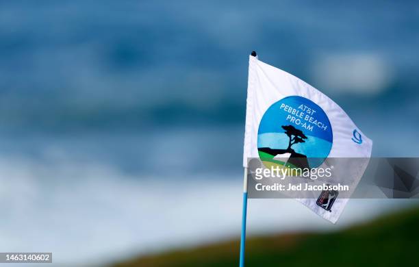 Pin flag on the eighth green during a continuation of the third round of the AT&T Pebble Beach Pro-Am at Pebble Beach Golf Links on February 05, 2023...